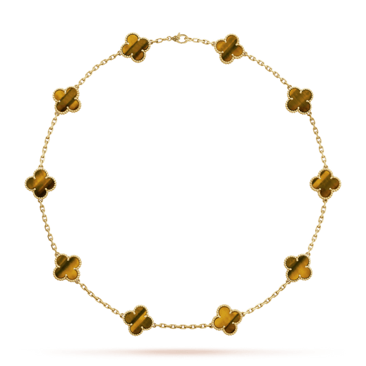 18K Vintage Alhambra Tiger Eye 10 Motifs Necklace