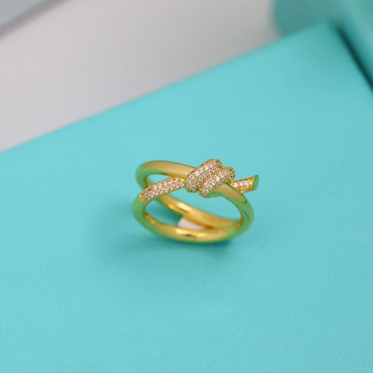 18K Celestial Yellow Gold Knot Double Row Diamonds Ring