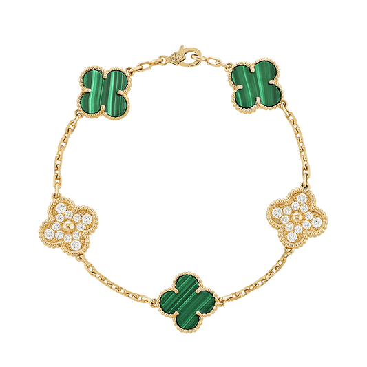 18K Vintage Alhambra Five Motifs Malachite Diamonds Bracelet