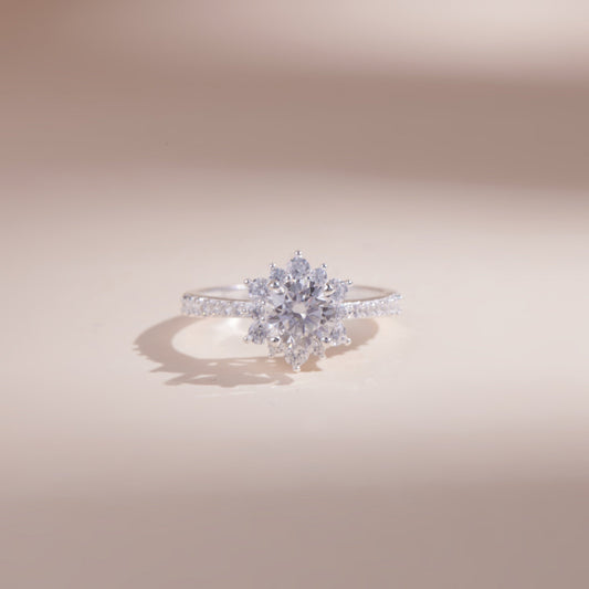 ELVORIA 6mm Moissanite Ten-Petal Flower Ring GRA ELVDA05 – Platinum Plated 925 Sterling Silver