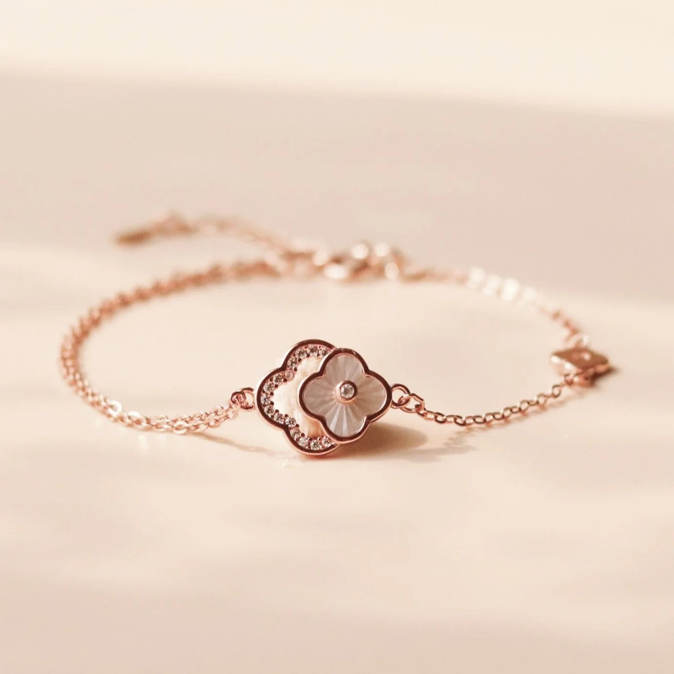 ELVORIA 18K Rose Gold Plated Four Leaf Clover Bracelet – 925 Sterling Silver