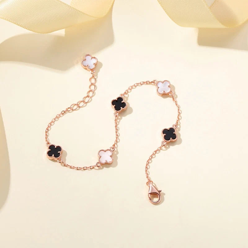 ELVORIA 18K Rose Gold & Platinum Plated Clover Bracelet – 925 Sterling Silver