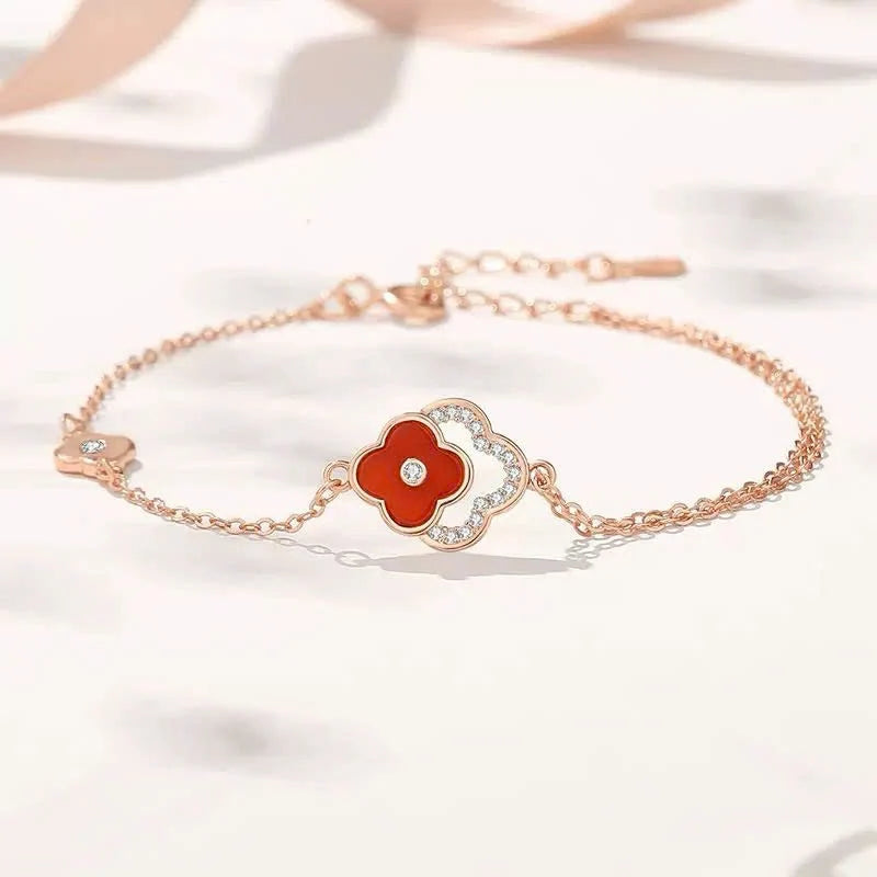 ELVORIA 18K Rose Gold Plated Four Leaf Clover Bracelet – 925 Sterling Silver